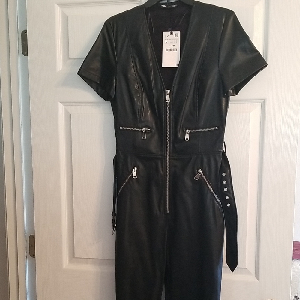 Zara women black faux leather jumpsuit, size L
